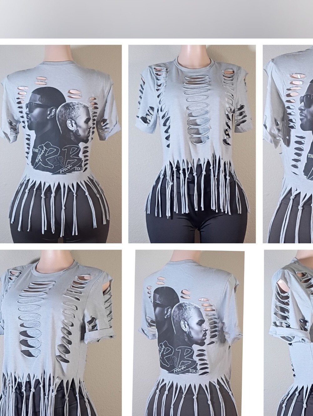 Distressed Chris Brown / Usher Custom Fringe Graphic Tee - Light Gray